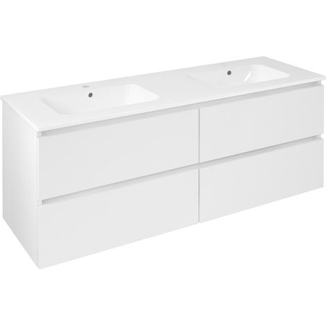 Meuble sous-vasque double EZARA 140x55x46cm, blanc brillant (1/5)