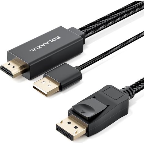 Câble HDMI vers DisplayPort 4K 60Hz 2M avec Alimentation USB Convertisseur HDMI 2.0 to DisplayPort 1.2, Entrée Mâle vers Sortie DP Mâle, Unidirectionnel Cordon Adaptateur pour PS5, PS4 Pro (1/5)