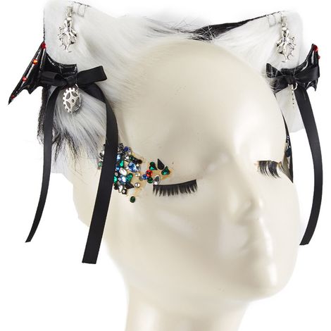 Gothic black and white plush cat ear hair clip, dark bat rhinestone spider punk side clip, Lolita performance headdress (1/5)