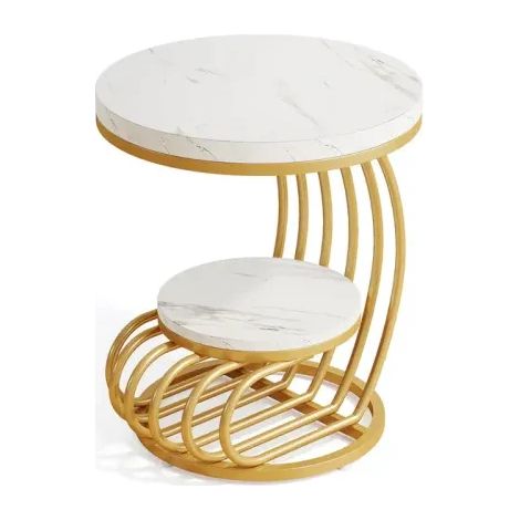 Tavolino rotondo a 2 livelli effetto marmo bianco e metallo dorato 50 x 50 x 63 cm (1/5)