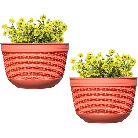 Paquete de dos cestas colgantes para flores, macetas de pared, jardineras de plástico con orificios de drenaje, aptas para decoración interior y exterior, color gris. (1/5)