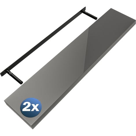 CASARIA® Floating Shelves Including Bracket Wall Shelving Living Room Kitchen Bedroom Office 38mm Thick Hidden Wall Fixing 15kg Capacity MDF Set of 2 High Gloss Grey, 110cm (de)
