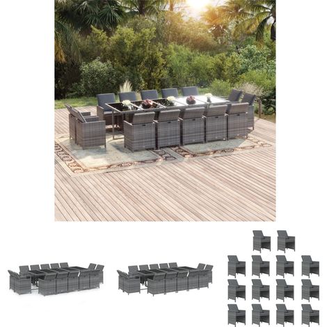 Gartenstuhl - vidaXL 15-tlg. Garten-Essgruppe mit Kissen Poly Rattan Grau - Gartenmöbel für den Außenbereich (1/5)