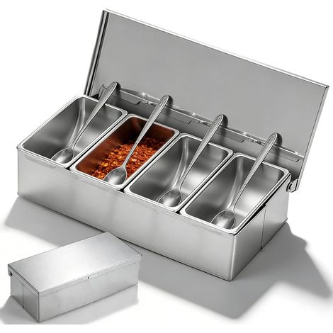 1 Boîte à ingrédients, Acier inoxydable, 4 Compartiments, 450ml, Couvercle à charnière, Cuillères, Pour restaurant pizzeria bar (1/5)