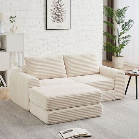 REDOM Sofá 2 plazas convertible, modular, reposapiés extraíble y desplazable, reposabrazos curvos, pana, beige (1/5)