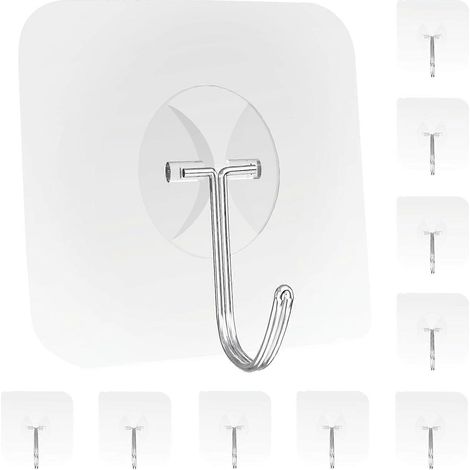Crochets muraux adhésifs ultra-résistants - Solides et transparents, supportent jusqu'à 10 kg, étanches et réutilisables, idéaux pour la cuisine, la salle de bain et le bureau (paquet de 10) (1/5)