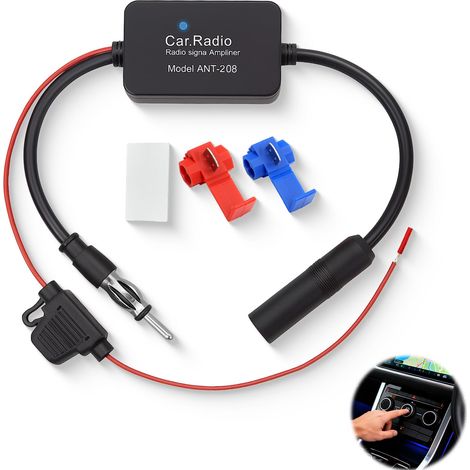 Adaptateur Antenne Autoradio FM 12V Universel, Amélioration de Réception Radio Voiture avec Réduction du Bruit et Son Clair 25dB, Fixation avec Clip Rouge et Autocollant (1/5)