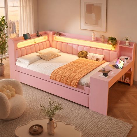 MEUBLIV Letto 140x200 cm rosa con letto estraibile e scrivania, senza materasso (1/5)