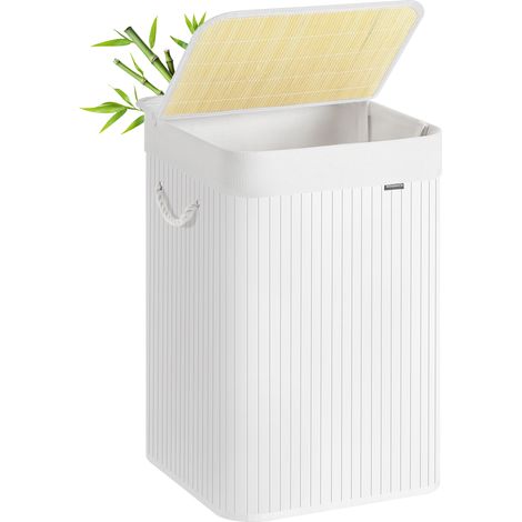 Panier à Linge 95 L, Corbeille Linge Sale, Couvercle, en Bambou, Poignées, Pliable, Sac Amovible Lavable en Machine, pour Buanderie, Chambre, Blanc