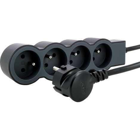 Rallonge Multiprise Extra-Plate, 4 Prises 2P+T 16A 3680W, Cordon 3m Noir Et Gris Foncé, 1 Prise À 90° Pour Chargeur Volumineux
