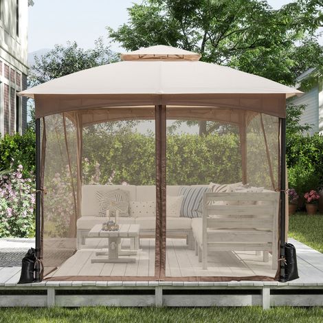 Tonnelle de Jardin 300x300 cm avec Parois en Filet Tente de Reception avec Double Toit Structure en Métal 4 Sacs de Sable Kaki (1/5)
