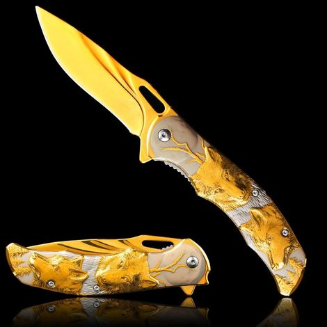 Klappmesser mit 3D Wolf Motiv, goldene Titan-Klinge, EDC Geschenk für Männer