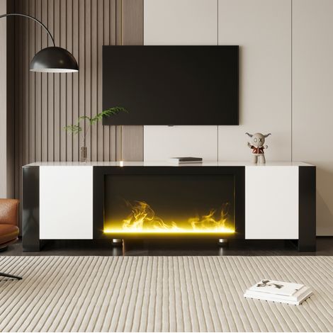 Meuble TV 165x55x32 cm blanc et noir en panneau de particules avec cheminée électrique décorative et rangement (1/5)