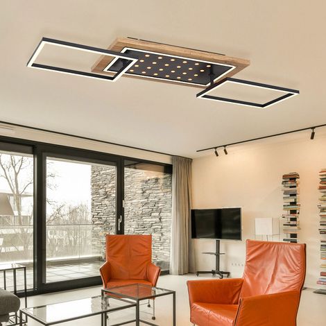 LED Deckenlampe schwarz Esszimmerleuchte Wohnzimmerlampe Holz Optik, LED Rahmen schwenkbar 3 Stufen Beleuchtung, Metall, 48W 2100lm 3000K, L 96cm