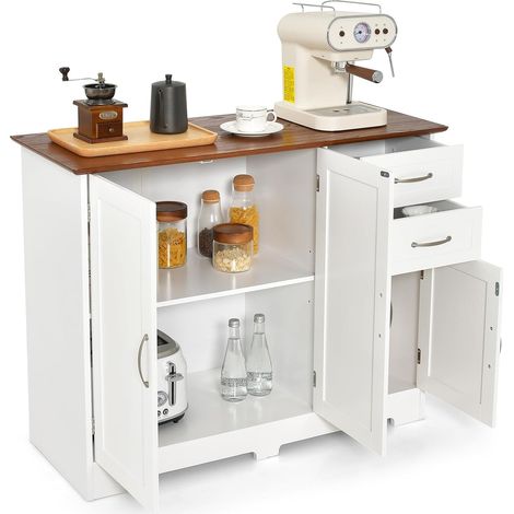 COSTWAY Mueble Auxiliar de Cocina, Carrito de Cocina Moderno con 2 Puertas y 2 Cajones Grandes y Estante Ajustable, Gabinete de Almacenamiento de Buffet para Cocina, Comedor, Blanco (1/5)