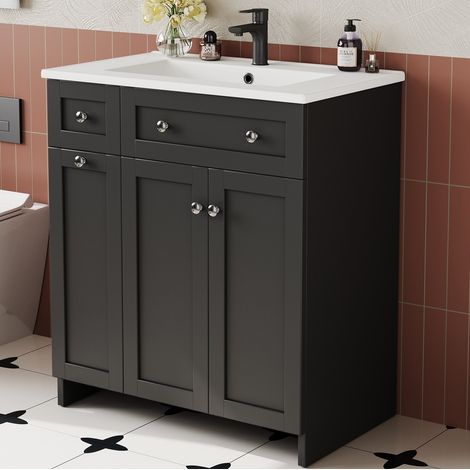 Badwaschtisch auf Füßen 76 x 47 x 86 cm, 3 Schubladen, 1 Schrank, Schwarz, Keramik (1/5)