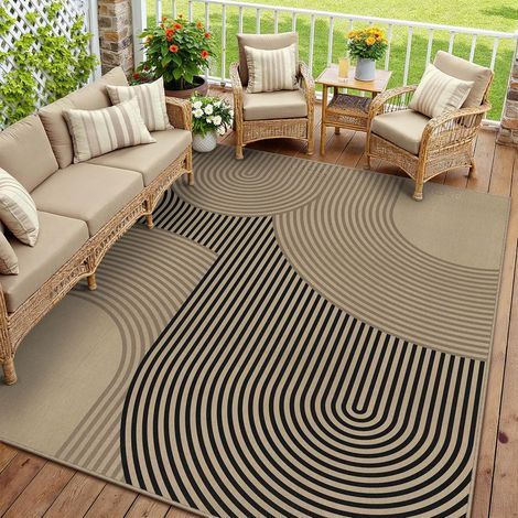 Tapis Exterieur Resistant Pluie 200x300cm Salon Extérieur Terrasse Marron Noir Antidérapant Lavable Grand Carpet Jardin Balcon Descente de Lit Salle a Manger Moderne Jute Aspect Rug (1/5)