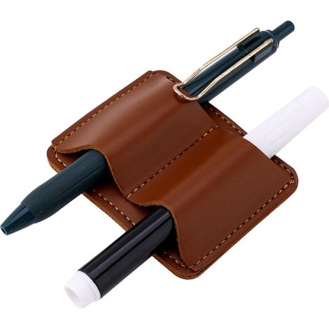 Porte-stylo en cuir marron avec clip, 7,7 x 6,1 cm, double trou pour organiseur, agenda, cahiers et tablettes. (1/5)