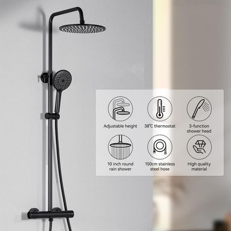 Auralum Max Columna de Ducha con Grifo Termostático de Latón, Cabezal de Ducha Lluvia 25x25cm, Alcachofa de Ducha 3 Modo y Barra de Ducha Altura Adjustable, Compatible con Orificios Existentes, Negro (1/5)