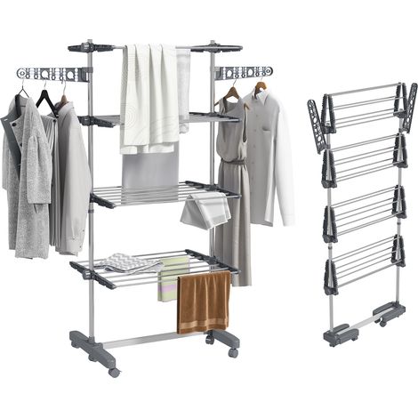 HOMCOM tendedero vertical plegable de 4 niveles tendedero de ropa con ruedas 2 laterales abatibles estantes ajustables y marco de acero gris y plata (1/5)