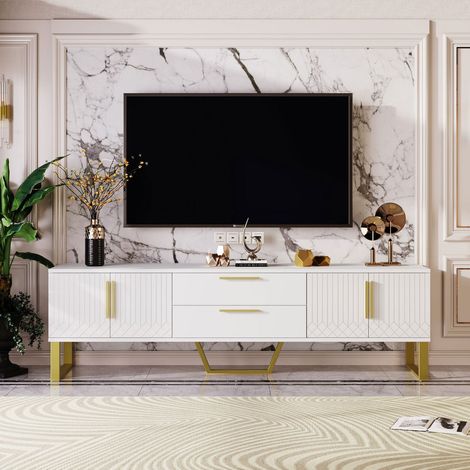 Meuble tv blanc brillant avec poignées et pieds dorés, façade texturée, design élégant et luxueux (1/5)