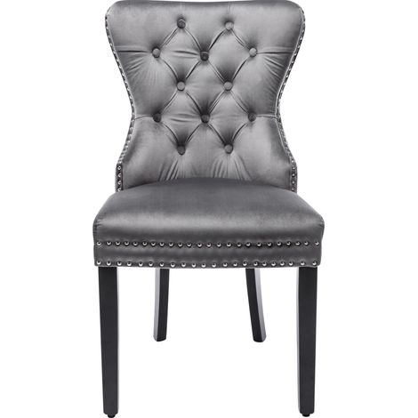 Set de 4 sillas de comedor de terciopelo gris con patas de madera, capitoné y tachuelas (1/5)