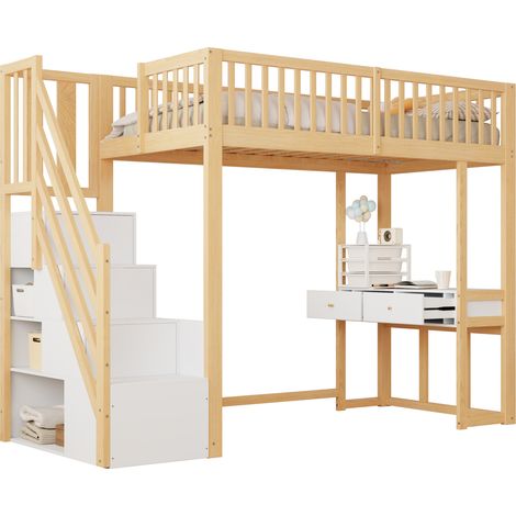 Lit mezzanine 90 x 200 avec table multifonction, escalier de rangement sécurisé, cadre en bois pour enfant et ado, blanc et bois clair, gain de place – CHICFURN (1/5)