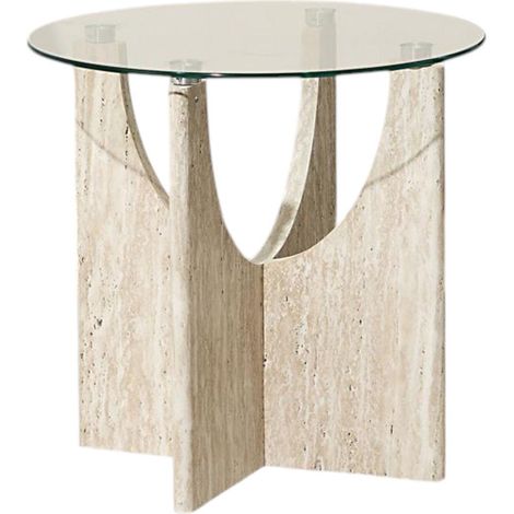 Table d'appoint ronde effet travertin et verre PIETRA