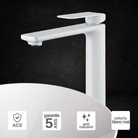 Robinet Mitigeur Lavabo Salle de Bain blanc mat – Bec Haut Anti-Calcaire – Design Moderne - FIYI IMEX (1/4)