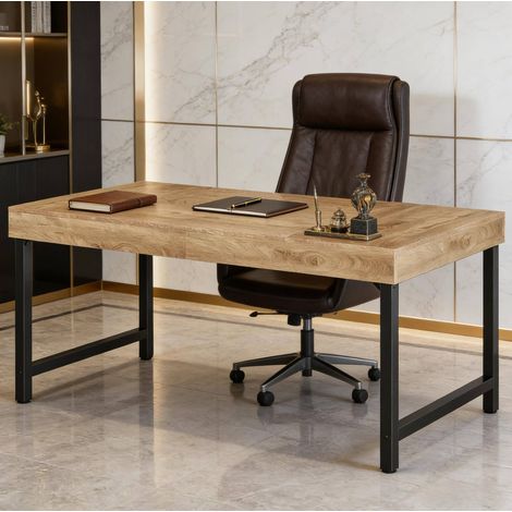Bureau rectangulaire avec pieds en métal et plateau motif bois, noir et marron (1/5)