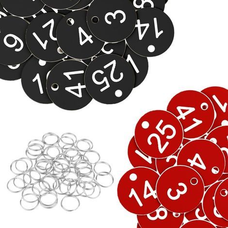 50 targhette numerate in plastica, due gruppi da 1 a 25, portachiavi, targhette numerate con anelli, per hotel, scuole, uffici, spogliatoi, bagagli, borse, dormitori, ristoranti. (1/5)