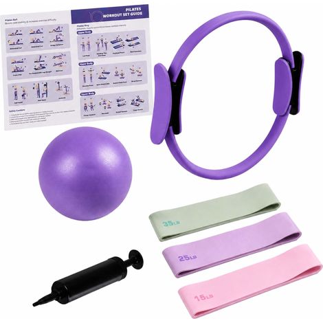 Relaxdays Pilates Set, 6-piece, ring, ball with pump, 3 resistance bands, Pilates accessories for home, purple (1/5)