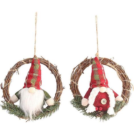 Couronne de Noël en rotin, lot de 2, avec un gnome et une poupée, à suspendre à la porte d'entrée.-15x15cm (1/3)