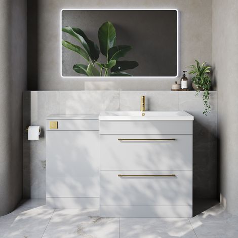 Napoli 460 Gloss Grey Pearl 1300mm 2 Drawer Vanity Unit Toilet Suite with Glide Basin - 1300mm - Brushed Brass 480mm HandleWithout Kingston Toilet Pan