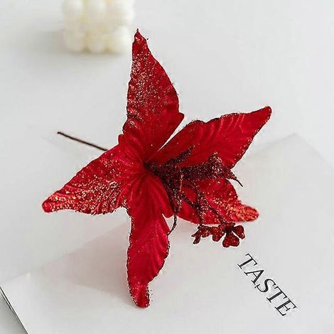 1 pièce de fleurs de Noël de 20 cm, décorations pour sapin de Noël, décorations pour la maison, fleurs artificielles pailletées, ornements de Noël, décorations de Noël et du Nouvel An, rouge, 20 cm (1/5)