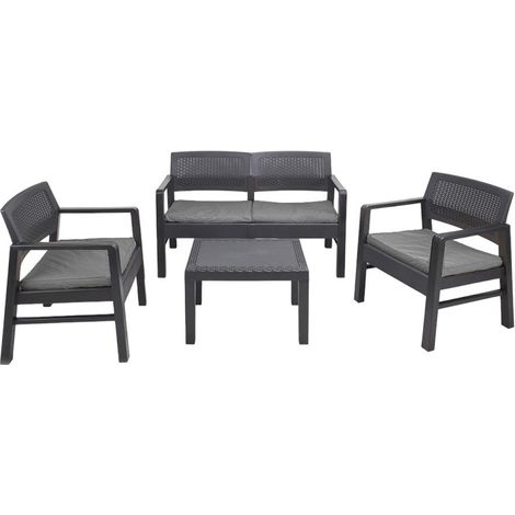 Ipae Progarden – Ensemble salon de jardin noir anthracite effet rattan – 1 banc 2 places, 2 fauteuils, table basse – Résistant aux intempéries et UV (1/4)