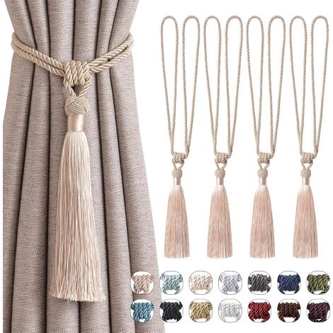 Lot de 4 embrasses à pompons en corde tressée, faites main, style européen, pour rideaux maison et bureau (beige foncé). (1/5)