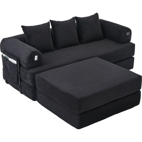 Canapé modulaire en velours côtelé noir avec ottomane, cadre métallique robuste et 3 coussins confortables (1/5)