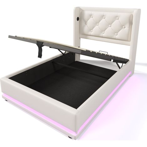 Cama tapizada 90x200 cm blanca de PU con almacenaje hidráulico LED USB Tipo-C (1/5)