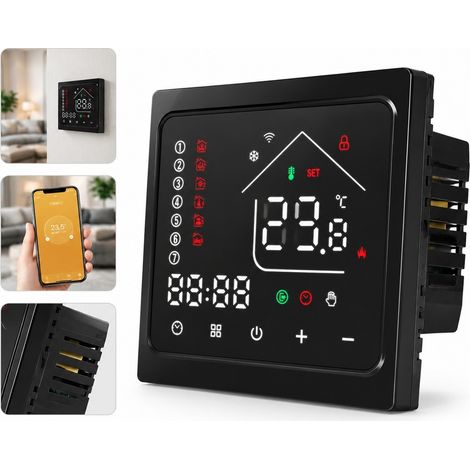 1 Thermostat Tactile pour Plancher Chauffant Electrique Noir WIFI Ecran LCD 8,6 x 8,6 x 3,5 cm Regulateur de Temperature Radiateur (1/5)