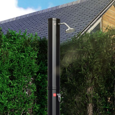 Jiubiaz Solardusche 35 Liter mit Standsäule in Schwarz – inkl. Abdeckhaube & Drain Stop (Gartendusche, Pooldusche, Camping)