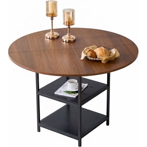 ELVMI Mesa de Comedor Redonda para 2 a 4 Personas con 2 Estantes Abiertos, MDF y Metal, Negro Nogal, Ø 107 x 75 cm (1/5)