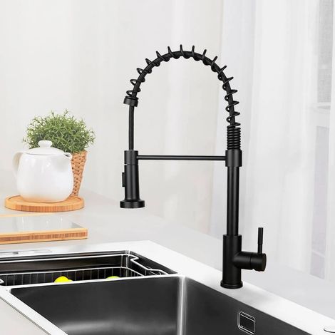 Robinet de Cuisine- GBLY avec Douchette Extractible Mitigeur Cuisine Bec Rotatif Mitigeur d'Évier en Acier Robinet haute pression avec 2 types de jets Robinet de cuisine inox mat ,Noir (1/5)