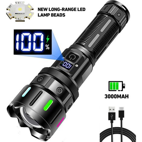 Wiederaufladbare LED-Zoom-Taschenlampe mit Batterieanzeige und USB-Ladekabel im Lieferumfang enthalten.