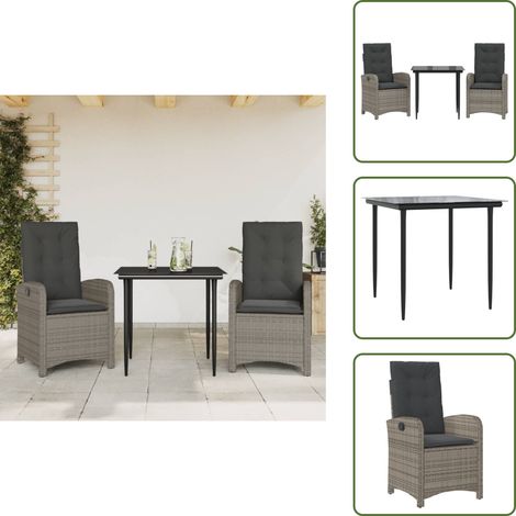 Rattanstuhl - vidaXL 3-tlg. Garten-Essgruppe mit Kissen Grau Poly Rattan - Sitzkissen (1/5)