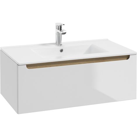 Meuble simple vasque encastrée 80cm 1 tiroir Livia Blanc et Bois (1/5)