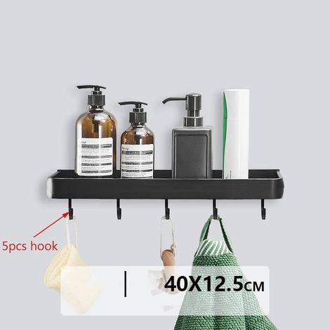 Étagère de salle de bain (40 cm avec 5 crochets) - Organisateur sans perçage - Étagère d'angle noire pour douche - Fixation murale - Porte-shampoing WC en aluminium (1/5)