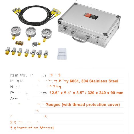 Kit d'essai de pression hydraulique, manomètres durables, raccords complets, 3têtes 9pièces (1/2)