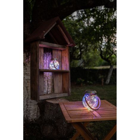 Lanterne solaire à poser ou suspendre, verre effet craquelé, lumière multicolore, ambiance féerique. (1/4)