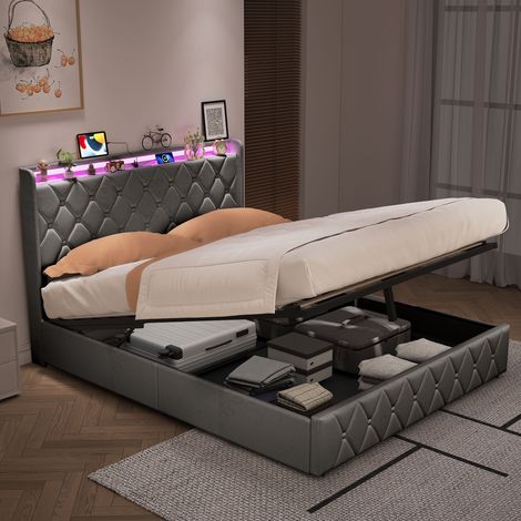 Lit Coffre 160 x 200 CM avec Sommier - Lit Double avec LED et USB - Lit Hydraulique avec Rangement sous le lit - Velours Gris foncé (1/5)